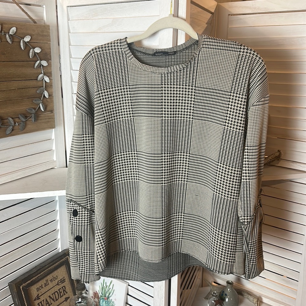 Zara High Low Houndstooth Patchwork Top - image 1